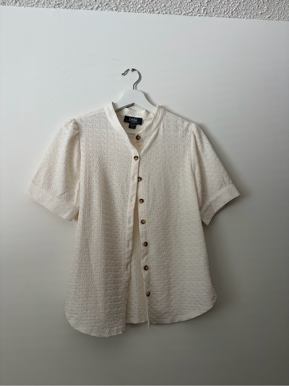 Textured Cream Button-Down Short Sleeve Blouse